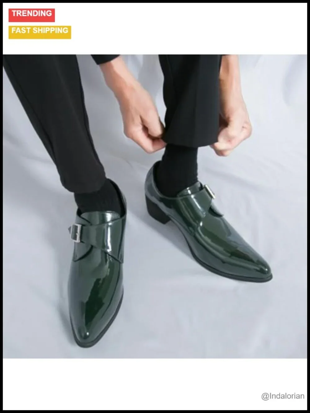 Patent Leather Chunky Heel Monk Strap Loafers Pointed Toe Dress Shoes Men's